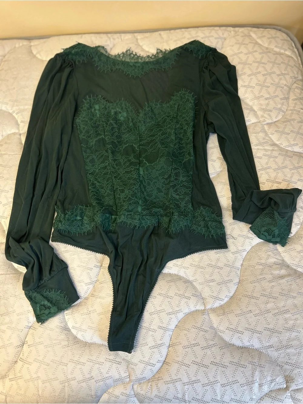 Free People Forest Green Lace Long Sleeve Bodysuit